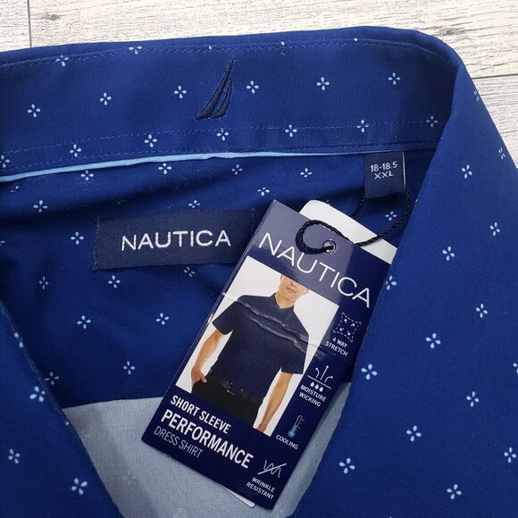 Nautica Performance Dress Shirt SS Blue Geo Stretch Cooling Mens XXL NWT Flaw - Picture 5 of 10